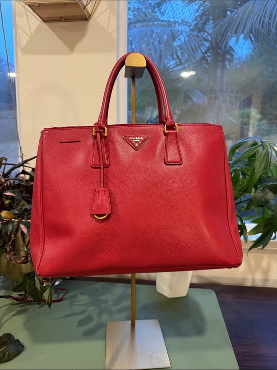 Prada Handbags - Prada Cherry Red Saffiano Tote with Gold Accents
